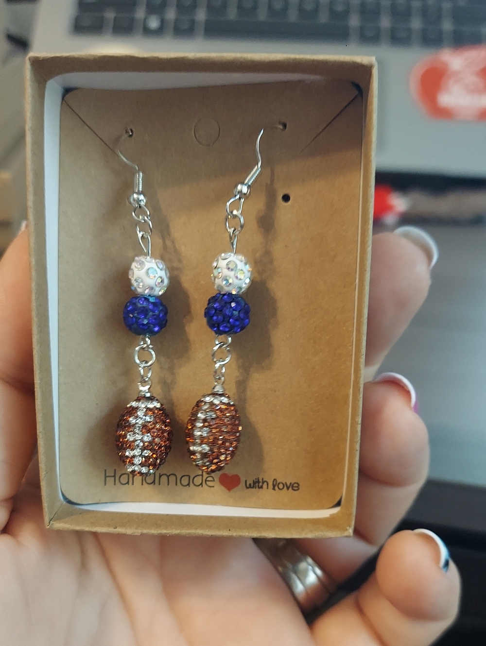 Handmade  Earrings Blue/ White Crystal Beads Cowboys, Giants, Or Colts Football